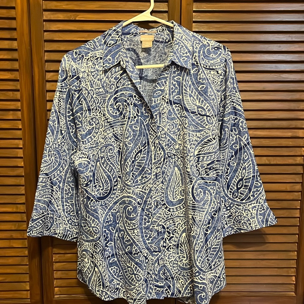 Chico's Blue and White Paisley Button-Down Shirt